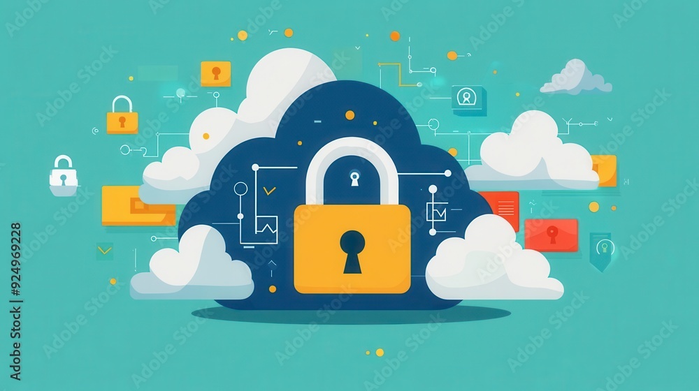 Poster digital cloud storage security concept with locked padlock symbolizing data protection and privacy i