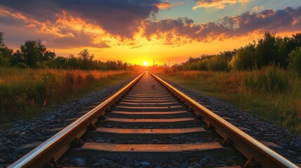 Obraz premium Railroad Tracks Leading to a Sunset