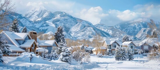 Suburban homes with a scenic mountain view in a snowy winter setting with copy space image.