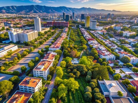 Bird's eye view of Jardines Universidad neighborhood in Zapopan, Mexico, showcasing modern architecture, tree-lined streets, and vibrant urban landscape with distant mountain ranges.
