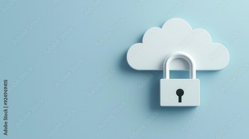 Poster a cloud symbol with a padlock, representing data security and cloud storage protection in a digital 