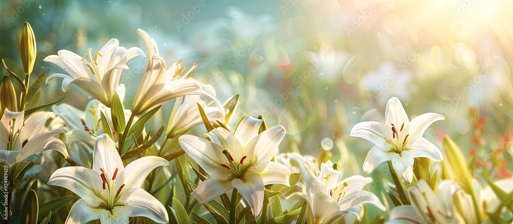 Poster blooming lilies providing a beautiful backdrop in the field with copy space image available