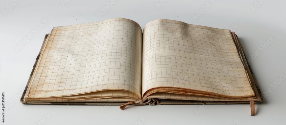 Poster an open notebook with grid patterned pages on a white surface displays empty pages perfect for writi