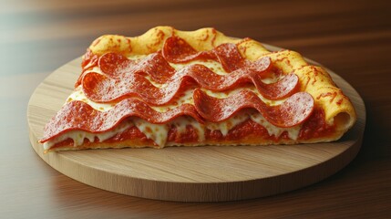 A single slice of pepperoni pizza on a wooden cutting board. The pizza is cheesy and delicious.