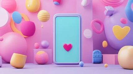 A smartphone with a pink heart on a blue screen stands out against a colorful background of floating 3D shapes.