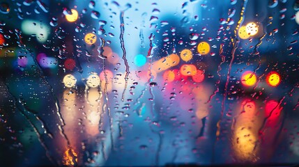 water drops on a car windshield during a rainstorm, with city lights creating a bokeh effect in the background.