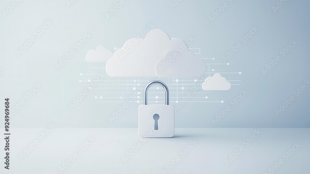 Poster conceptual image of cloud security featuring a padlock, representing data protection and online priv