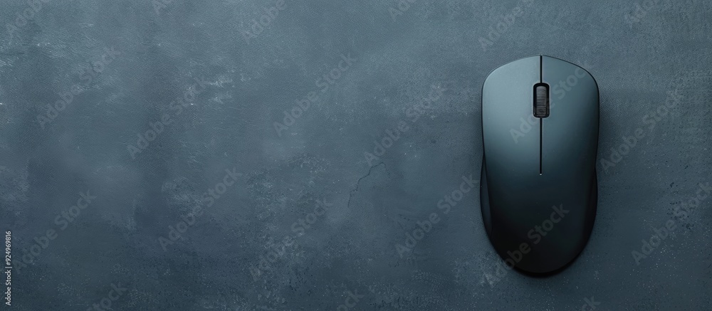 Poster an aerial view of a single wireless mouse with a mousepad on a gray backdrop providing ample copy sp