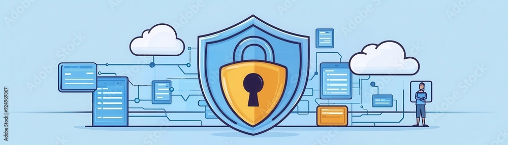 Poster digital security concept with shield, lock, and cloud for data protection. represents cybersecurity 