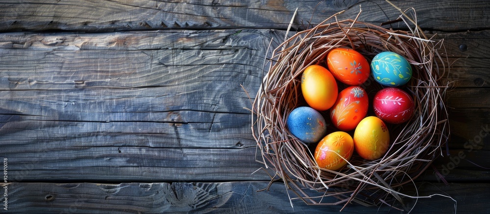 Poster colorful easter eggs arranged in a nest on a wooden table creating a festive and artistic display fr