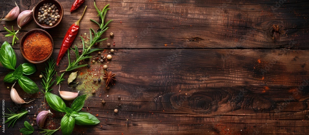Poster spices and herbs arranged on a wooden background in a flat lay composition with copy space image.