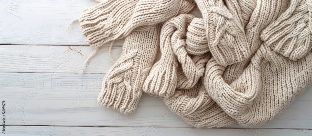 Poster knitted beige scarf and mittens displayed on a white wooden table from a top view perspective with r