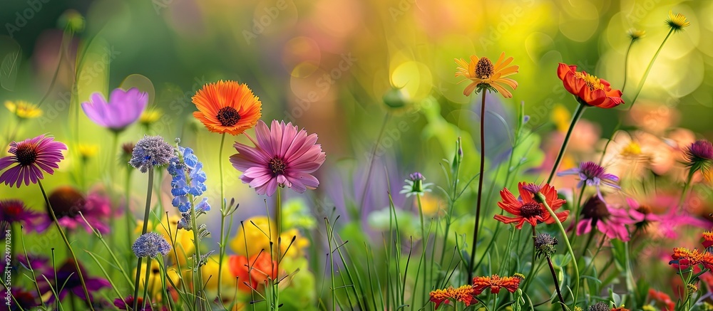 Poster a selection of vivid summer flowers in a garden setting provides an attractive backdrop with a close