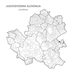 Administrative Map of the Southeast Slovenia Statistical Region with Municipalities (Občine) and Settlements (Naselja) as of 2024 - Slovenia - Vector Map