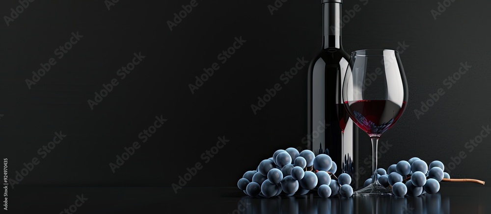 Poster red wine bottle and glass with blue grapes on a reflective black surface providing room for text or 