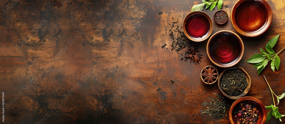 Aufkleber assorted teas elegantly displayed in wooden bowls in a flat lay arrangement with a spacious copy spa
