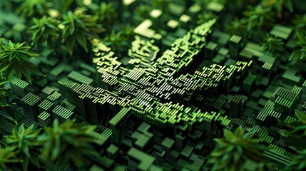 Marijuana leaves on a pixel technology background, close up top view on cannabis leaves and branches on technology background for alternative medical and marketing design concept