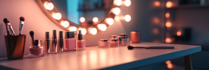 Glamorous Vanity Table with Makeup and Brushes - A vanity table with a round mirror, makeup brushes, bottles of makeup, and a  brush laying on the table. The image conveys beauty, glamour, and prepara