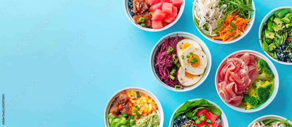 Poster various types of poke bowls displayed from above on a blue background with copy space image