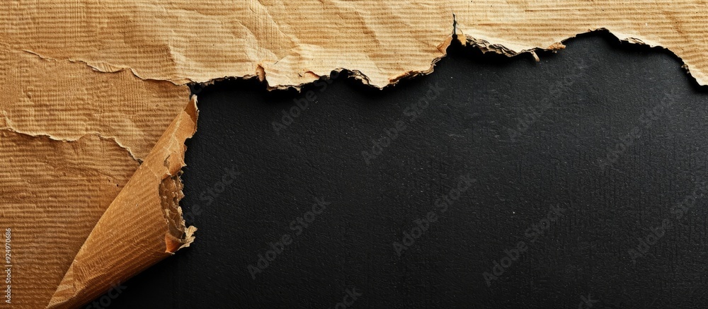 Poster recycled cardboard torn piece on black background as design element with copy space image.