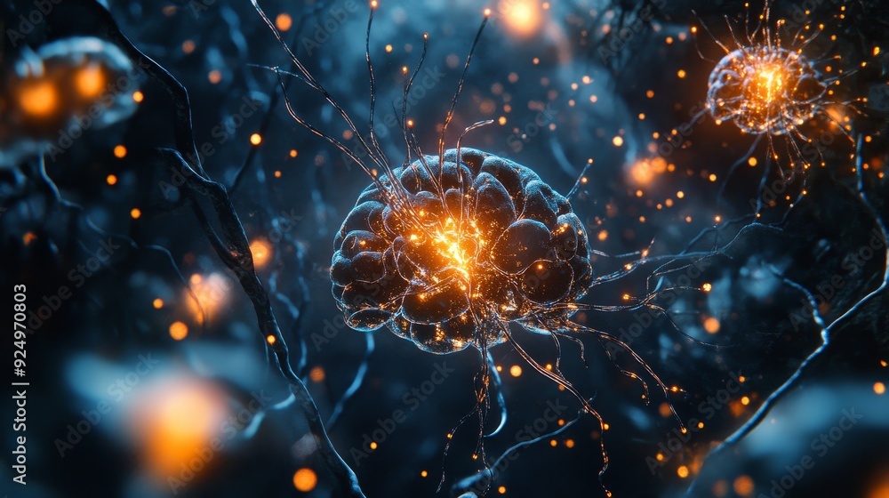 Poster glowing human brain neuron network - 3d - a close-up 3d of a human brain neuron network, with glowin
