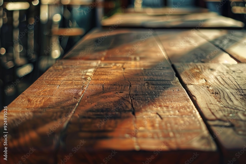 Poster sunlight illuminating the surface of an empty rustic wooden table