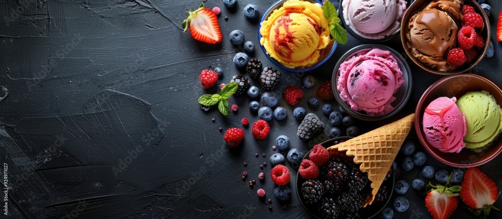 Poster colorful assortment of ice cream in bowls waffle cones and berries displayed on a black background w