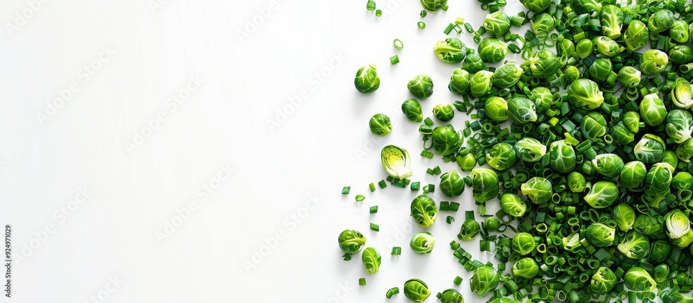 Poster broccolini sprouts arranged on a cutting board for cooking against a white background in a top view 