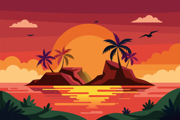 Island Sunset vector illustration background.