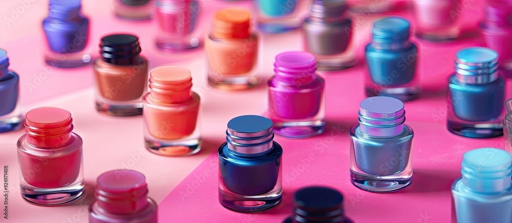 Poster a variety of nail polish colors displayed on an attractive backdrop with ample copy space image