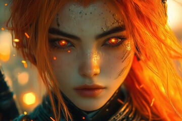 Fototapeta premium anime warrior with fiery orange hair dynamic action pose futuristic armor glowing energy weapons cyberpunk cityscape background