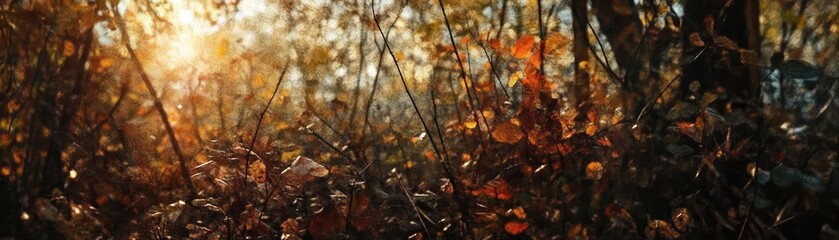 A serene golden hour in the forest, showcasing warm light filtering through trees and illuminating vibrant autumn foliage.