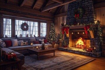 A warm and inviting cabin surrounded by snow-covered trees, with a crackling fireplace and festive holiday decorations. Perfect for a winter wonderland getaway.