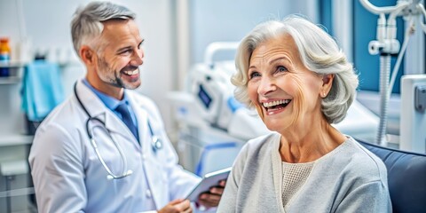 Obraz premium A relieved mature woman smiles, surrounded by medical equipment, as her doctor shares good news, symbolizing successful surgery and compassionate healthcare service.
