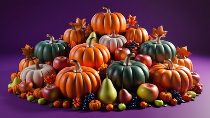 A 3D style arrangement of pumpkins and autumn fruits on a purple background