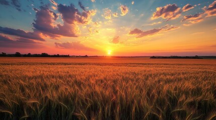 Obraz premium Golden Wheat Field at Sunset - A Serene Landscape - A picturesque scene of a golden wheat field bathed in the warm glow of a setting sun. The sky is a vibrant blend of pink, orange, and blue, creatin