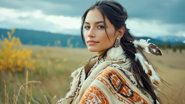 Young woman in traditional Native American clothing posing in a field in autumn with mountains in the background