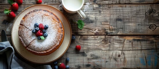 Top view of a round cake on a plate, accompanied by milk and a teapot, set against an old wooden rustic background with space for additional images.