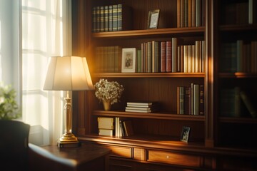 A serene reading nook with warm sunlight and a calm office background, perfect for getting lost in a good book. The vintage wooden bookshelf adds a touch of classic charm to the space.
