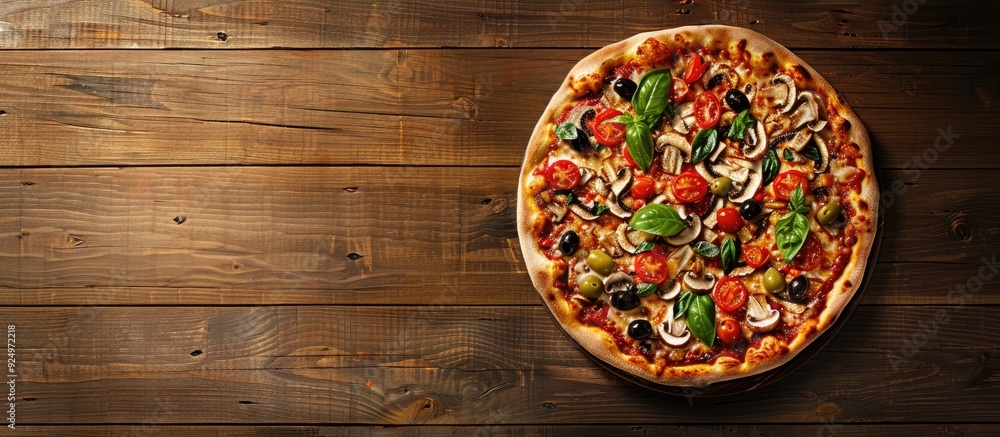Poster delicious pizza topped with basil mushrooms olives and tomato placed on a wooden surface viewed from