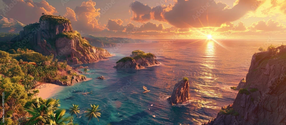 Poster scenic coastline at sunset with a mesmerizing view. copy space image. place for adding text and desi