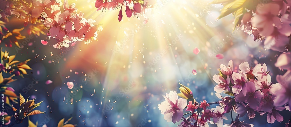 Poster a vibrant spring day in the park with blooming sakura branches under the sunny sky where rays of sun