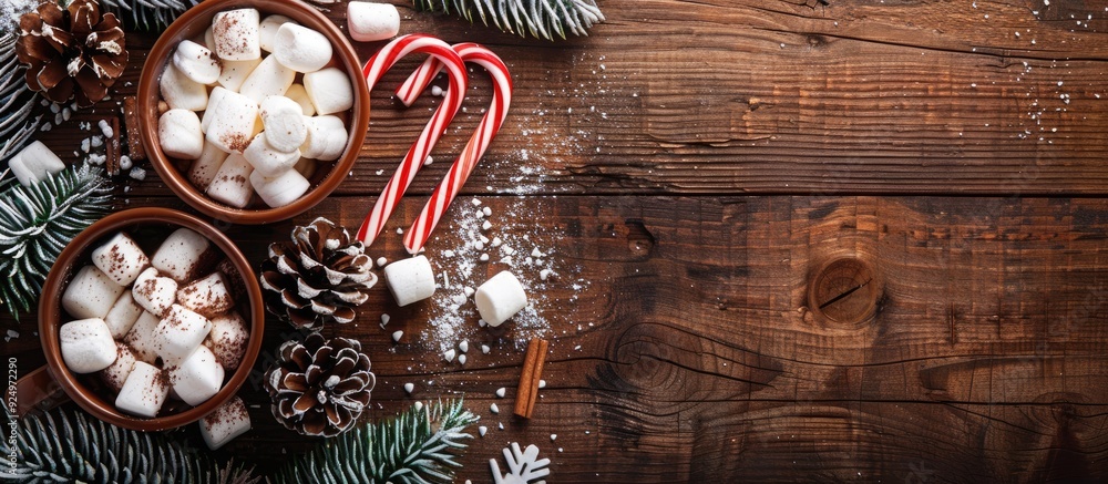 Aufkleber wooden background with christmas candy canes, cup of cocoa, and marshmallows creating a cozy setting