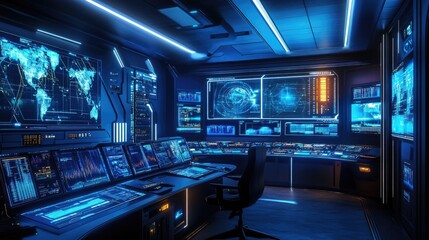 Fototapeta premium A futuristic control room with screens monitoring global communication networks.