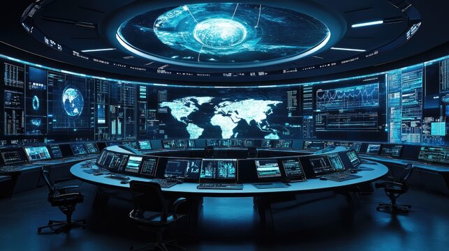 A futuristic control room monitoring global communication networks.