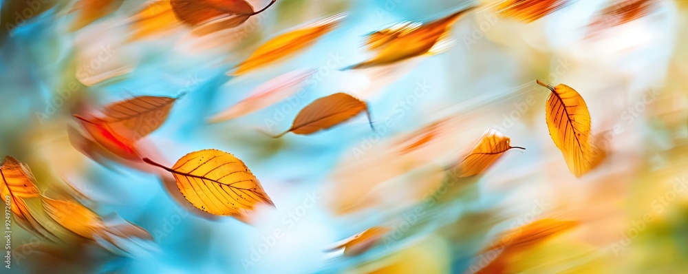 Poster vibrant autumn leaves swirl in a gentle breeze, creating a dynamic and colorful scene against a soft