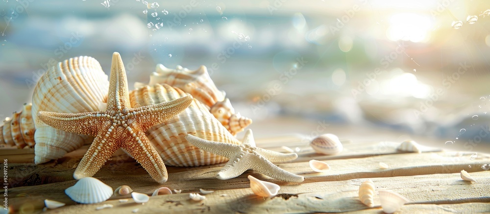 Poster summer concept featuring sea shells or starfish on a table background with ample copy space image