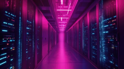 Fototapeta premium A futuristic server room with rows of servers and blinking lights, symbolizing communication networks.