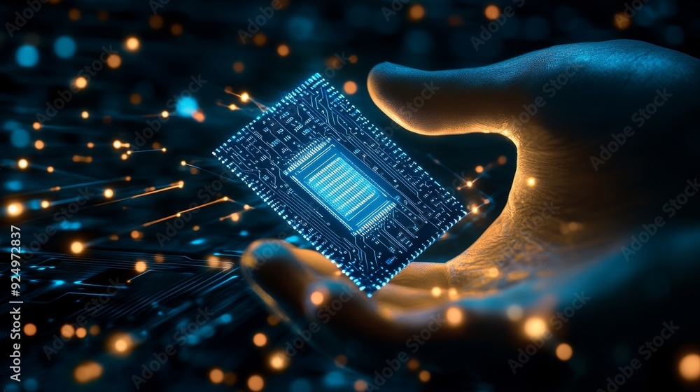 Poster hand holding a microchip with glowing circuitry - a hand gently cradles a microchip with glowing cir