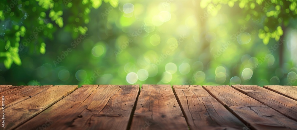 Poster wooden table with no items on top placed against a blurred green background providing ample copy spa